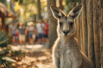 Kangaroo standing upright zoo habitat blurred people natural light wooden fence wildlife animal outdoor environment soft background warm tones