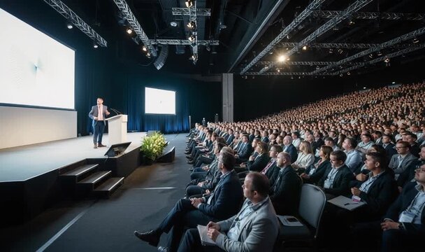  presenting a speaker to a large audience in a conference setting