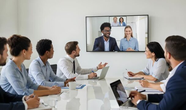 Leading Team Meeting With Video Conference Collaboration and Presentation