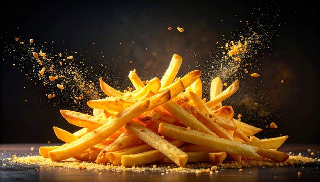 A dynamic pile of golden French fries against a dark backdrop, with seasoning particles in motion&mdash;evoking crispy allure, snack energy, and visual crunch in a bold, appetizing composition.
