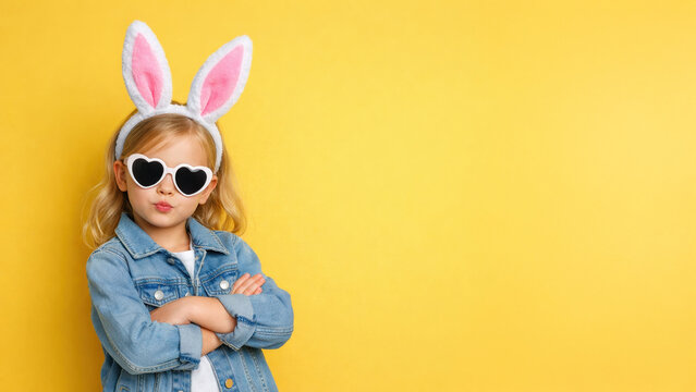 Cute little girl in bunny ears and heart-shaped sunglasses posing with arms crossed on yellow background. Fun Easter fashion concept.