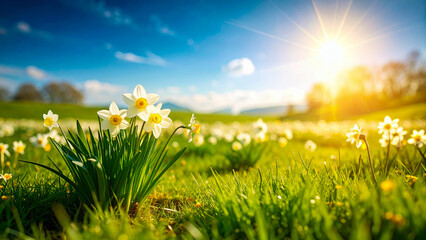 White daffodils on green meadow with sunshine in springtime. flowers blossom