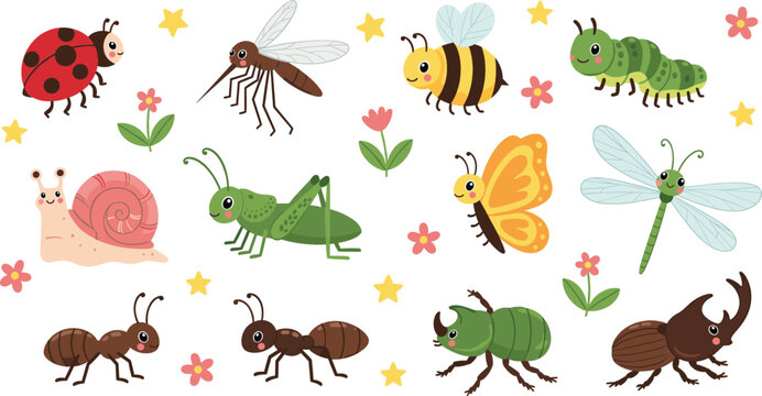 Set of cute cartoon insects and garden bugs vector illustration, colorful nature characters for kids education design
