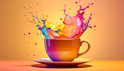 A ceramic cup erupts with a splash of multicolored liquid—blue, yellow, pink, orange—evoking expressive motion, vibrant contrast, and playful clarity in a dynamic, artful composition.