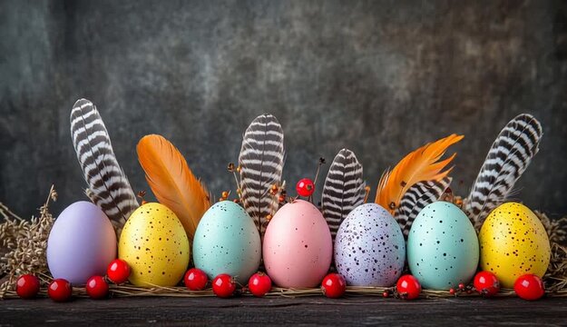 Colorful Easter eggs arranged in a row on rustic dark wooden surface, pastel eggs in yellow purple turquoise pink and white with speckled patterns, decorated with natural bird feathers
