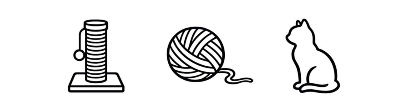 black and white outline scratching post yarn ball cat silhouette