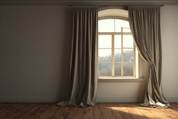 Fototapeta premium Elegant room interior features a large arched window revealing an outdoor landscape view