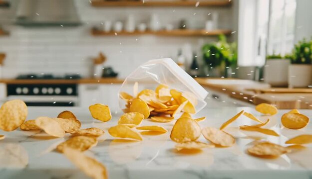 Clear plastic resealable bag filled with golden potato chips crisps on white marble countertop, modern bright kitchen background with white cabinets, gas stove, wooden cutting boards