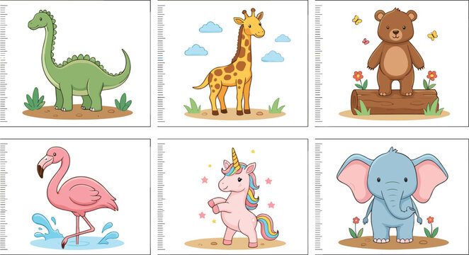Set of cute height measurement charts with animals vector illustration, kids growth ruler posters for nursery design