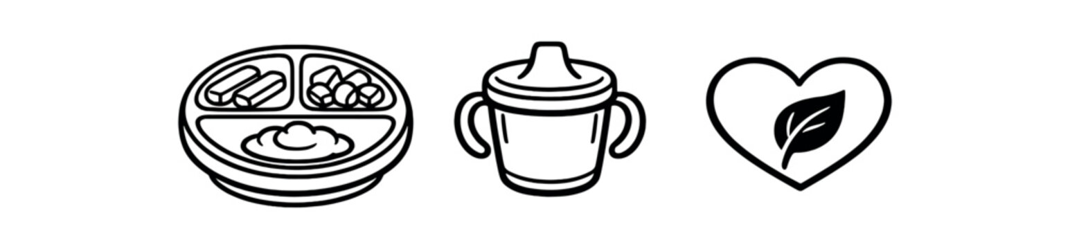 black and white outline baby led weaning plate with soft sticks of food sippy cup outline eco heart symbol