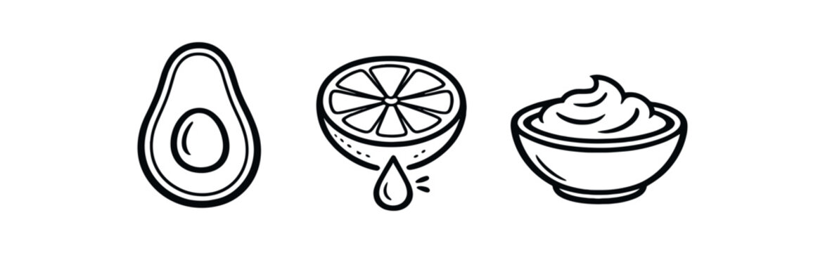 black and white outline avocado half lemon slice puree bowl small droplet showing fresh squeeze