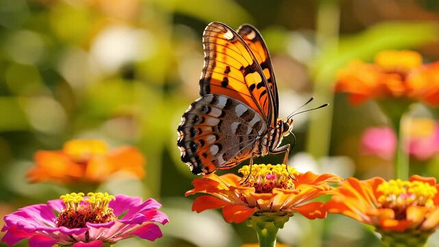 Close-up of an orange butterfly on a zinnia flower, macro shot, soft green bokeh background