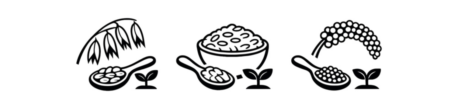 black and white outline organic grain oats rice millet spoon tiny sprout symbol