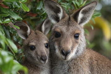 Fototapeta premium Maternal kangaroo with joey close together lush green foliage, showing tender bond and protective nature natural wildlife environment. Soft fur and attentive eyes highlight their gentle expression