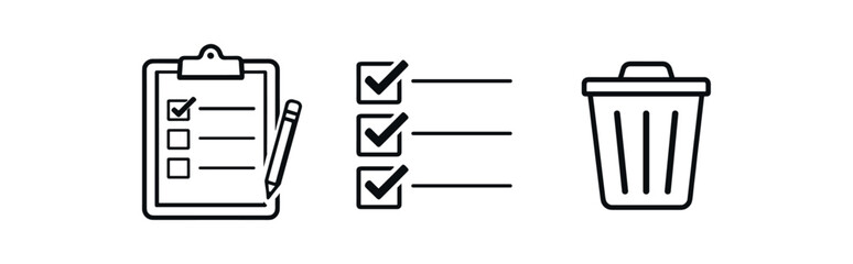 Fototapeta premium black and white outline digital checklist board checked items trash icon for completed tasks