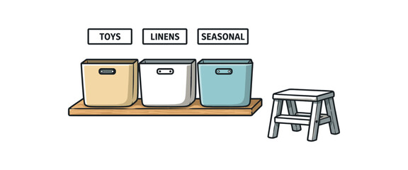full color flat fabric bins lined on shelf label tags above small step stool beside