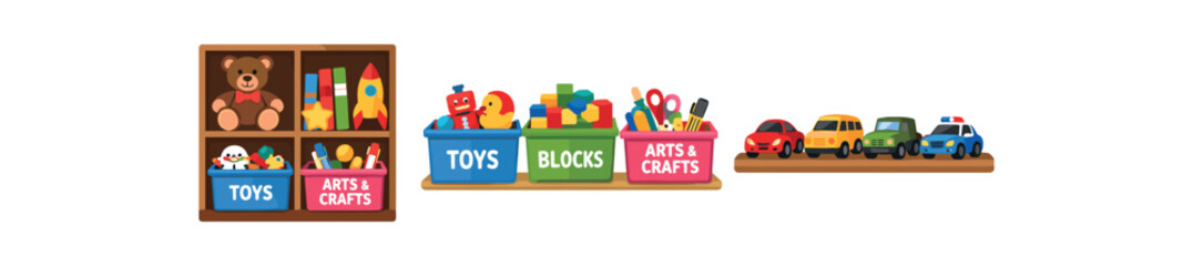 Obraz premium full color flat kids room shelf cubbies labeled bins toy row aligned