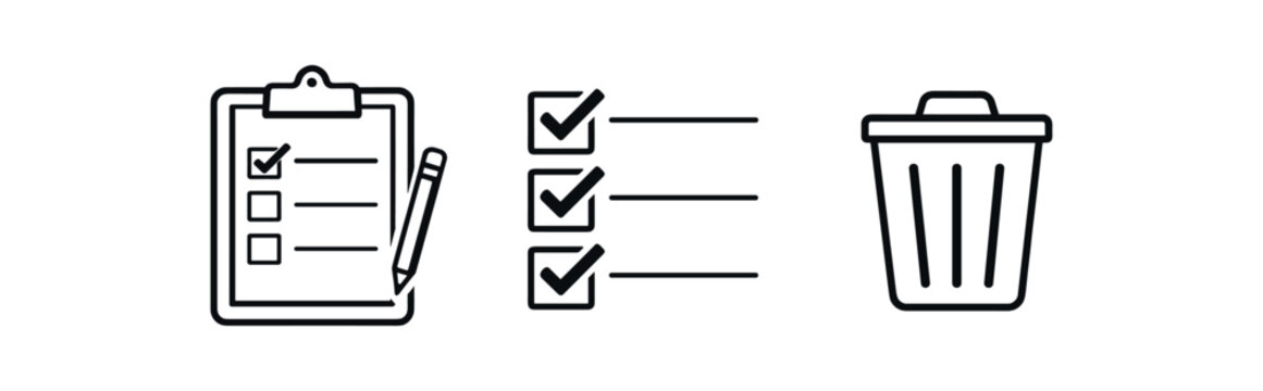 black and white outline digital checklist board checked items trash icon for completed tasks