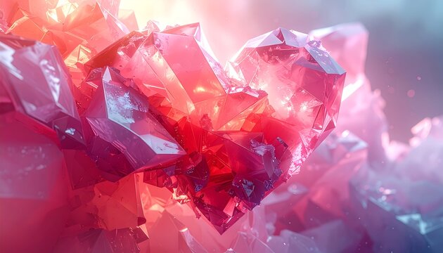 Sparkling Red and Pink Crystal Heart with Abstract Faceted Surfaces