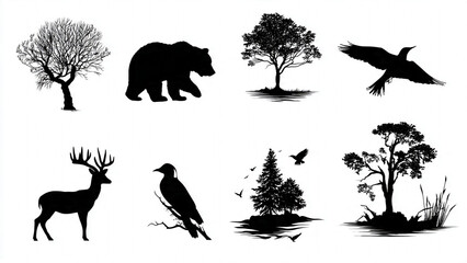 set of silhouettes of trees