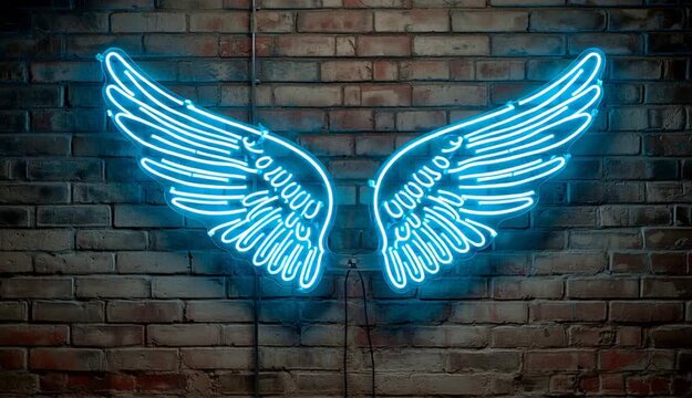 Blue neon angel wings mounted on brick wall, glowing LED wing design with detailed feathers, symmetrical pair of wings, textured brick background, 
bright even studio lighting illuminating entire sce