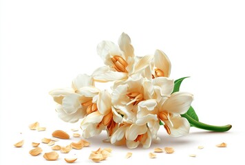 Delicate Blooms: A close-up showcases a collection of pristine flowers. The petals exude a soft, creamy hue with subtle details. The vibrant greens of the stem and leaf add a vibrant touch.