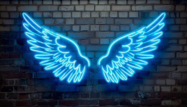 Blue neon angel wings mounted on brick wall, glowing LED wing design with detailed feathers, symmetrical pair of wings, textured brick background, 
bright even studio lighting illuminating entire sce