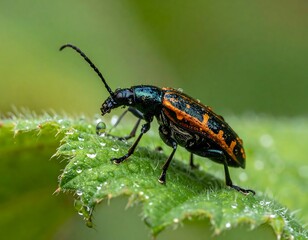 A close-up side view of an elongated, iridescent beetle with orange markings, dew drops on leaf, blurred green background
