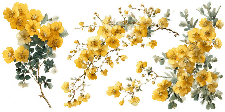 Bright yellow flowers on branches, watercolor illustration
