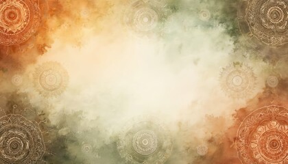 Abstract watercolor background with intricate mandalas in earthy tones. Organic texture features blend of brown, orange, and green hues. Blank space for text or design elements.