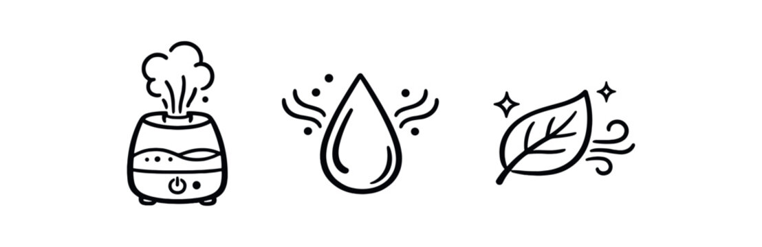 black and white outline air humidifier outline droplet mist leaf clean air