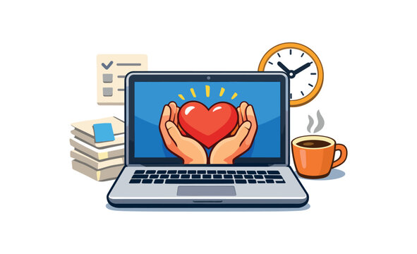 full color flat icon two hands holding heart over laptop symbol of self compassion during busy project