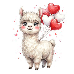 Obraz premium Adorable llama with heart balloons for Valentine's
