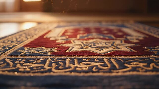 Close-up of an Islamic prayer rug with intricate patterns and golden threads, soft light.