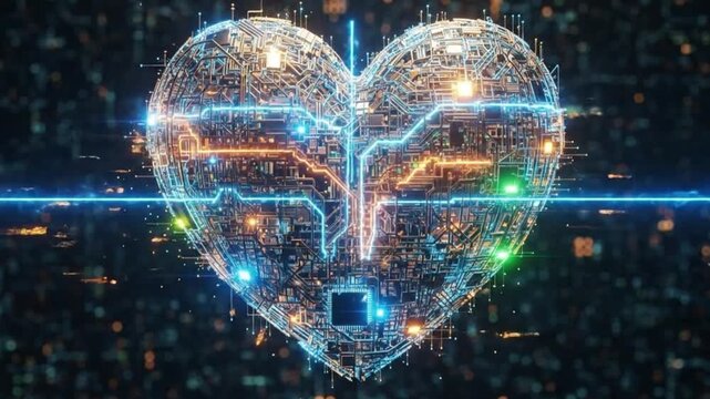 Digital Heartbeat: a representation of a heart crafted from intricate circuits and digital pathways, evoking the fusion of technology and the human spirit.