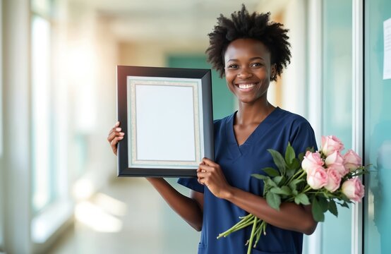 Young black woman in nurse uniform holds certificate and pink roses. She smiles brightly in a hospital corridor, proud of her medical achievement and qualification.