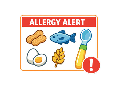 full color flat icon allergy alert icon card with peanut fish egg wheat symbols next to baby spoon