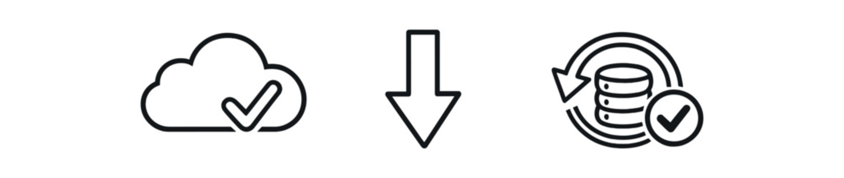 black and white outline cloud with checkmark arrow down verified backup