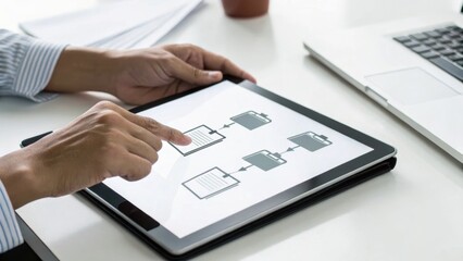 A person interacting with a tablet displaying flowcharts, surrounded by a laptop and office materials, suggesting a professional environment.
