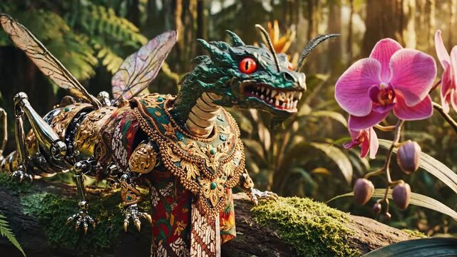 Ornate dragon statue rests in a lush garden, jeweled scales gleaming beside a vibrant pink orchid!!!
