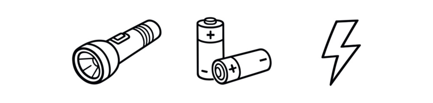 black and white outline flashlight hand torch spare batteries lightning icon