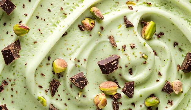Close-up top view of light green pistachio ice cream with swirled creamy texture, decorated with whole cocoa beans, shelled and unshelled pistachios, chopped nuts, and small chocolate pieces scatter