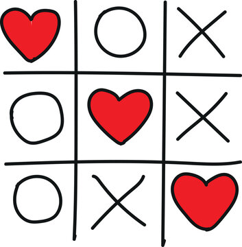 Simple illustration depicting a game of tic-tac-toe where the red heart symbols are positioned strategically attempting to achieve three in a row against the opposing circle and cross markers in a cla