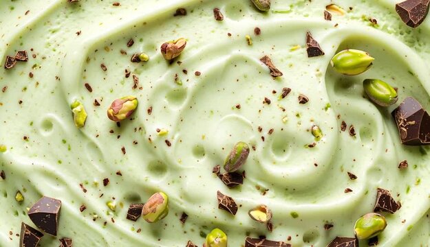 Close-up top view of light green pistachio ice cream with swirled creamy texture, decorated with whole cocoa beans, shelled and unshelled pistachios, chopped nuts, and small chocolate pieces scatter