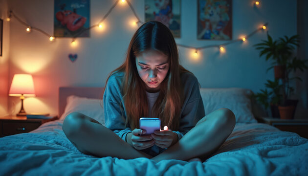 Teen girl sits on bed using smartphone late at night. Young woman scrolls social media feeds on phone screen. Digital glow illuminates face. Internet addiction concept.