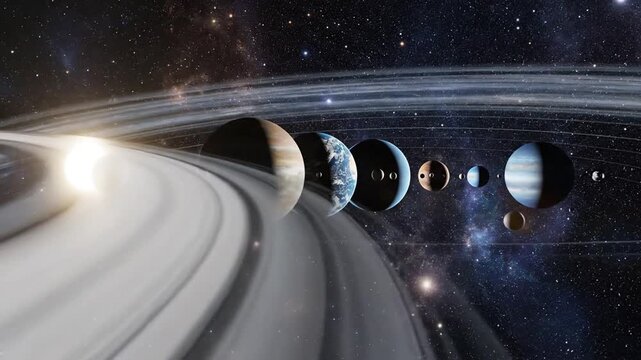 Wide space vista showing a gas giant with rings on the left, and a row of distant moons to the right