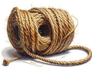 A close-up studio shot of a tightly wound coil of coarse, natural-fiber rope against a bright white background
