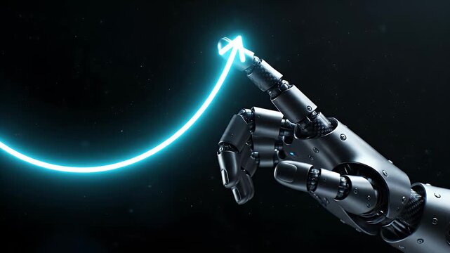 A sleek, metallic robot hand with intricate articulation points extends an index finger, pointing towards an unseen element against a dark, futuristic background with subtle light particles.
