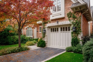 Colorful autumn tree provides backdrop to a brick house with a neatly trimmed garden and a paved driveway in a residential neighborhood during daylight