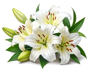 A close-up studio shot of elegant white blossoms with verdant green leaves. Some buds are still closed. The flowers offer a fresh feeling
